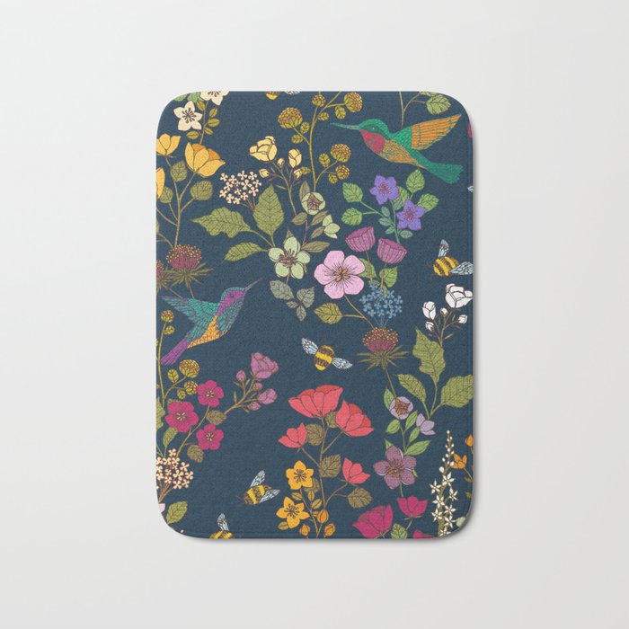 Hummingbirds and Bees {Deep Blue} Bath Mat Gallery Image 1
