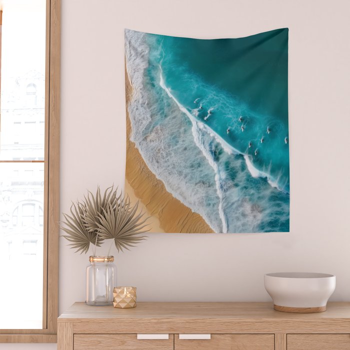 Turquoise Tides - Aerial View of Ocean Waves and Shore Wall Tapestry Gallery Image 2