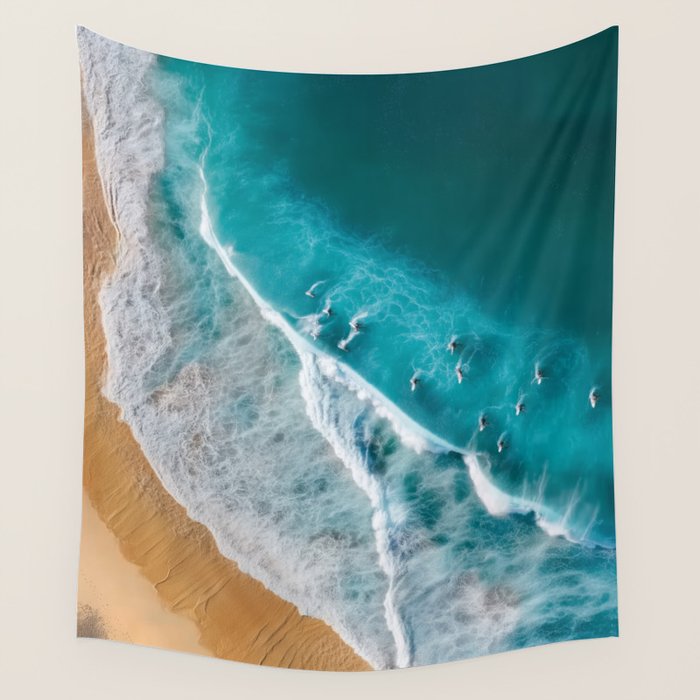 Turquoise Tides - Aerial View of Ocean Waves and Shore Wall Tapestry Gallery Image 1
