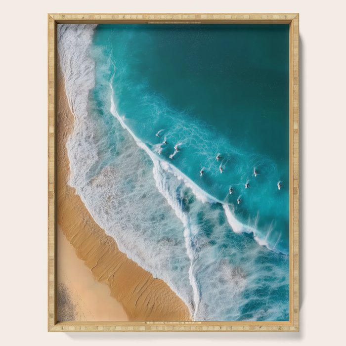 Turquoise Tides - Aerial View of Ocean Waves and Shore Serving Tray Gallery Image 1