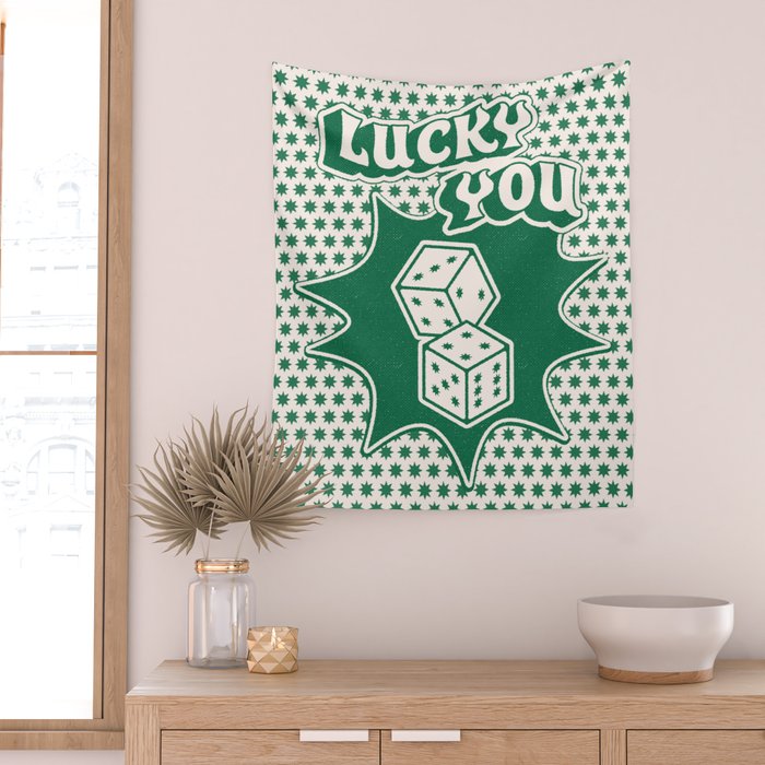 Lucky You Dice in Green and Linen White Wall Tapestry Gallery Image 2