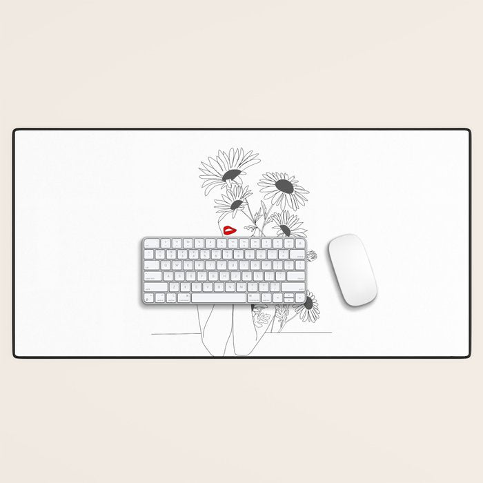 Minimal Line Art Girl with Sunflowers Desk Mat Gallery Image 1