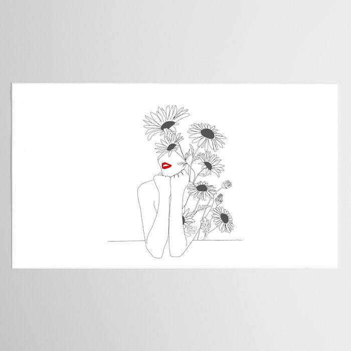 Minimal Line Art Girl with Sunflowers Tablecloth Gallery Image 2