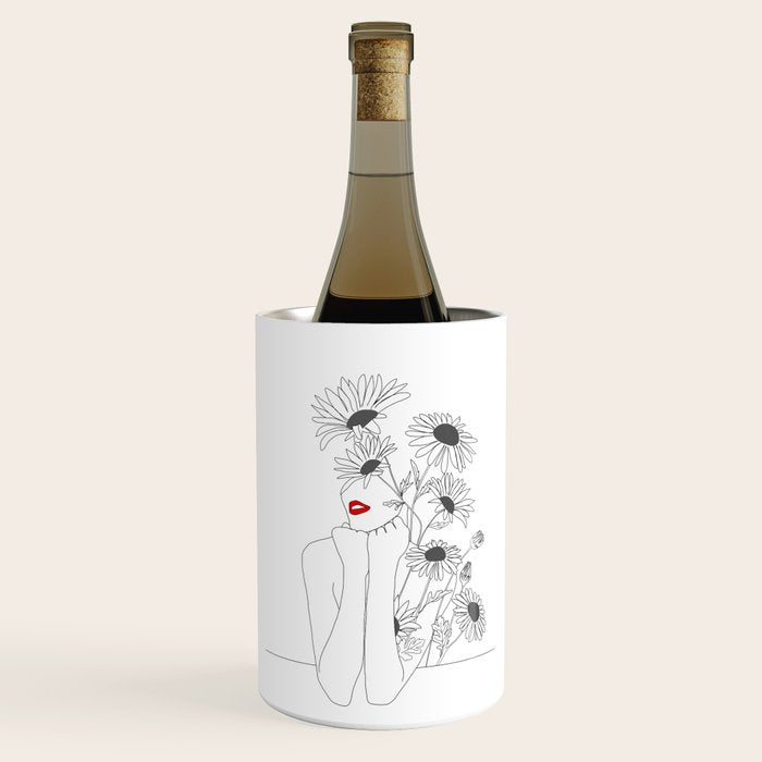 Minimal Line Art Girl with Sunflowers Wine Chiller Gallery Image 1