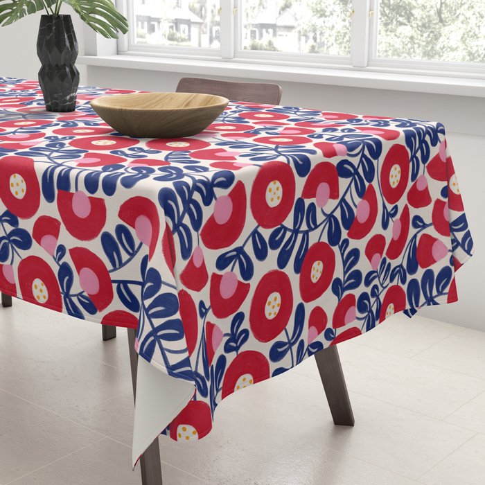Bold Red and Blue Flower Pattern Tablecloth Gallery Image 3