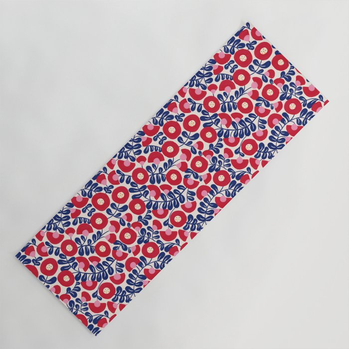 Bold Red and Blue Flower Pattern Yoga Mat