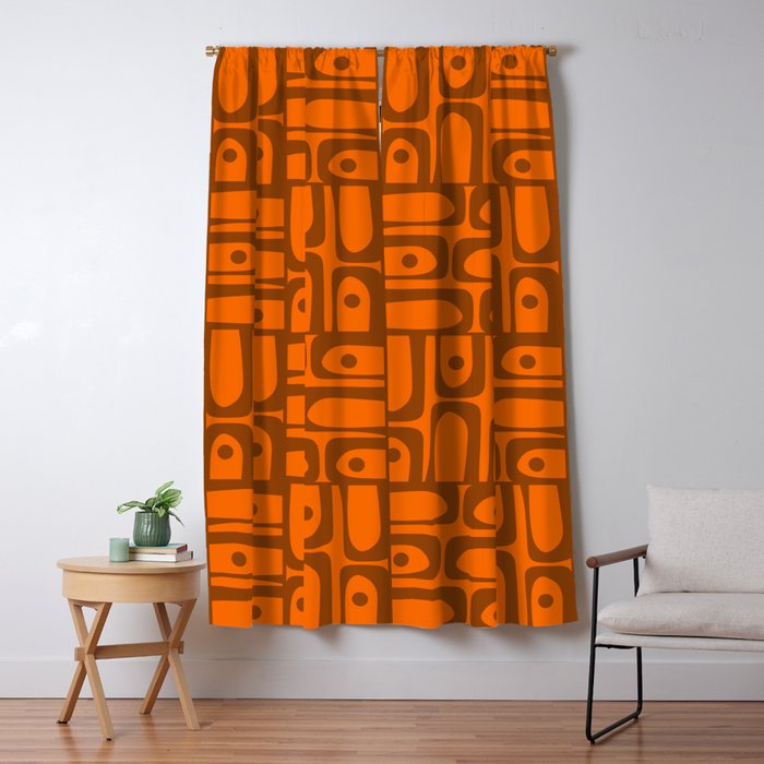Mid Century Modern Piquet Abstract Multi Pattern in 70s Chocolate Brown and Orange Window Curtain Gallery Image 5
