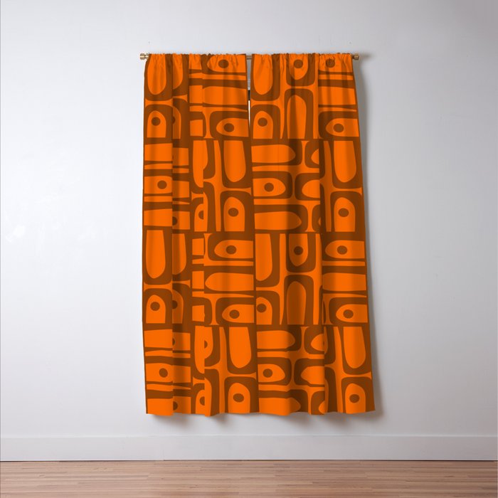 Mid Century Modern Piquet Abstract Multi Pattern in 70s Chocolate Brown and Orange Window Curtain Gallery Image 3