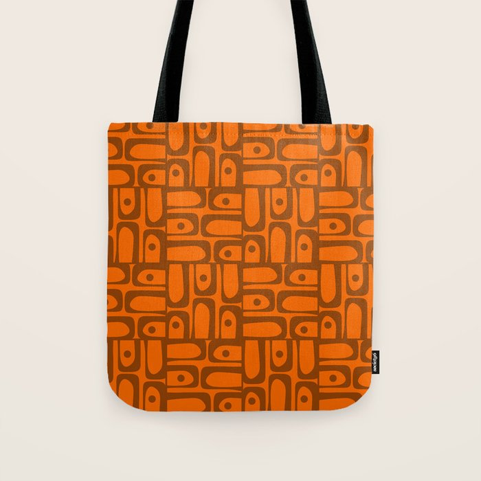 Mid Century Modern Piquet Abstract Multi Pattern in 70s Chocolate Brown and Orange Tote Bag Gallery Image 1