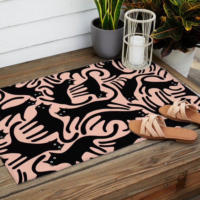 Curious Black Cats on Peachy Pink Outdoor Rug Gallery Image 2