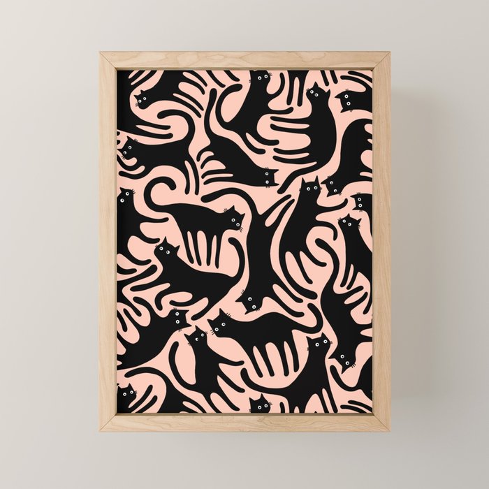 Curious Black Cats on Peachy Pink Mini Art Print Gallery Image 1