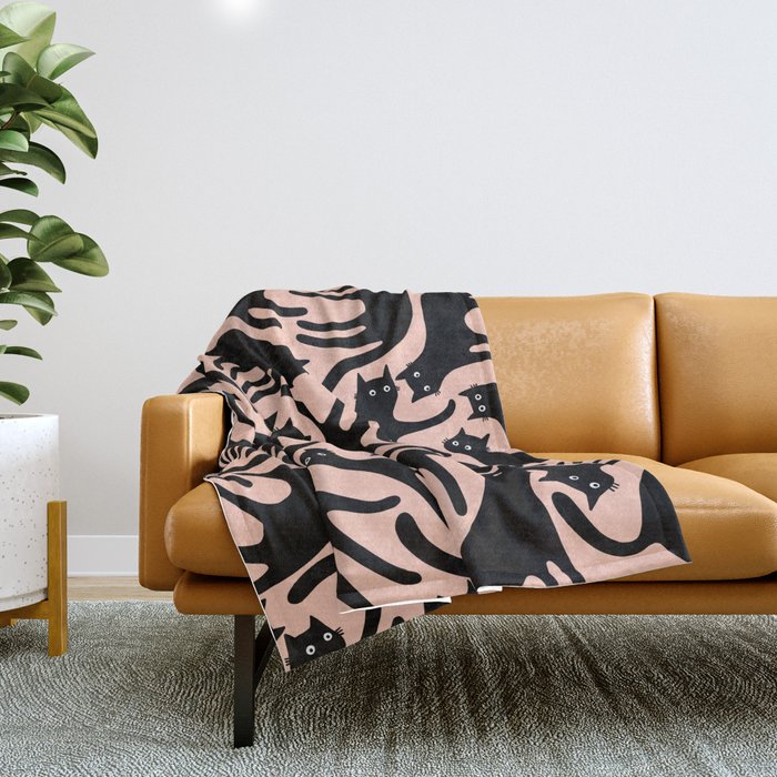 Curious Black Cats on Peachy Pink Throw Blanket Gallery Image 1