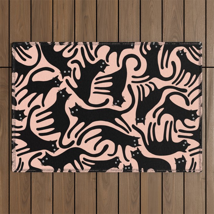 Curious Black Cats on Peachy Pink Outdoor Rug Gallery Image 1