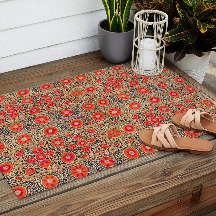 Vintage Persian Tribal Tiled Pattern Print Boho Orange Pink Blue Outdoor Rug Gallery Image 2