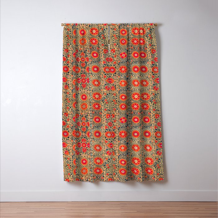 Vintage Persian Tribal Tiled Pattern Print Boho Orange Pink Blue Window Curtain Gallery Image 3
