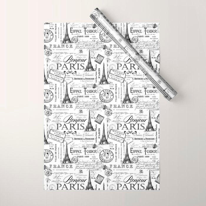 Vintage Paris Black And White Nostalgic Pattern Wrapping Paper Gallery Image 1