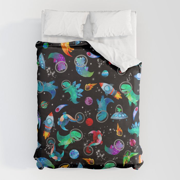 Dinosaur Astronauts In Space Watercolor Pattern Duvet Cover Gallery Image 1