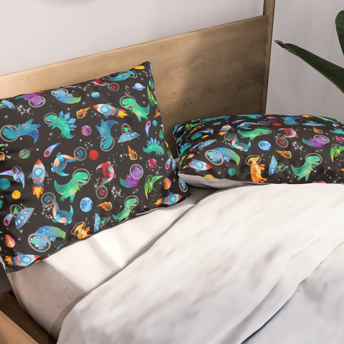 Dinosaur Astronauts In Space Watercolor Pattern Pillow Sham Gallery Image 2
