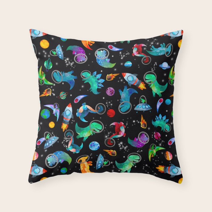 Dinosaur Astronauts In Space Watercolor Pattern Throw Pillow Gallery Image 6