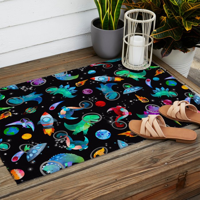 Dinosaur Astronauts In Space Watercolor Pattern Outdoor Rug Gallery Image 2