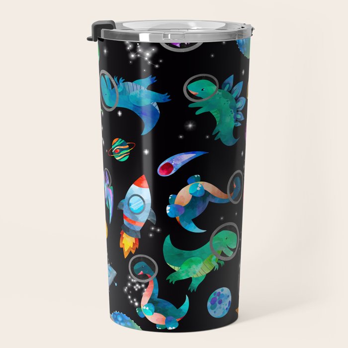 Dinosaur Astronauts In Space Watercolor Pattern Travel Mug Gallery Image 3
