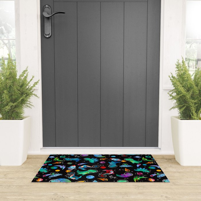 Dinosaur Astronauts In Space Watercolor Pattern Welcome Mat Gallery Image 3