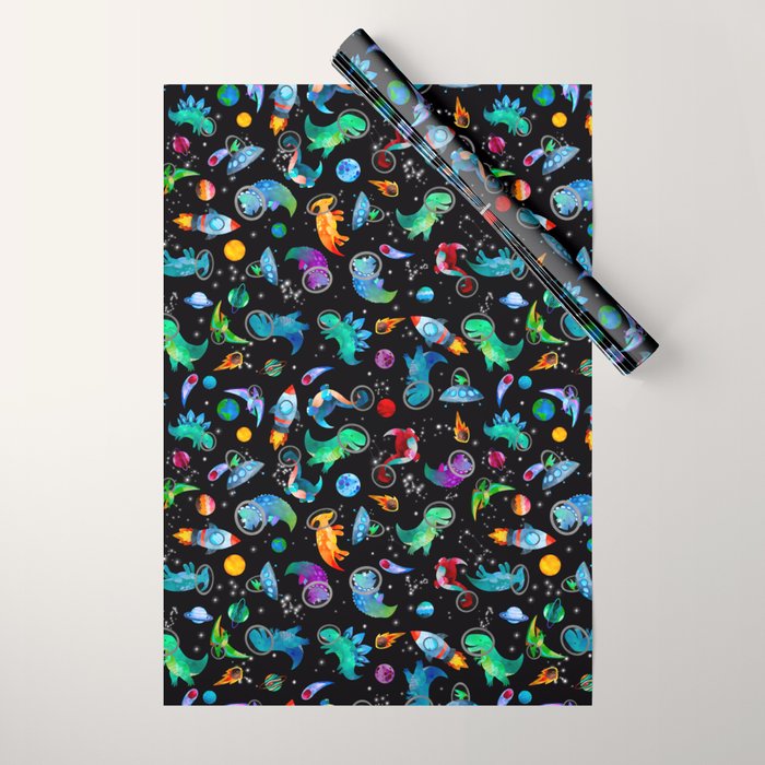 Dinosaur Astronauts In Space Watercolor Pattern Wrapping Paper Gallery Image 1