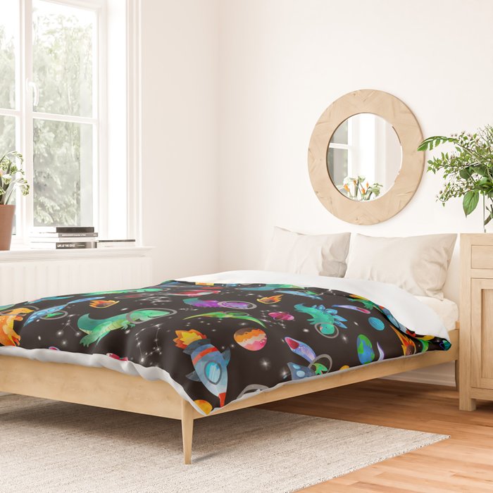 Dinosaur Astronauts In Space Watercolor Pattern Duvet Cover Gallery Image 2