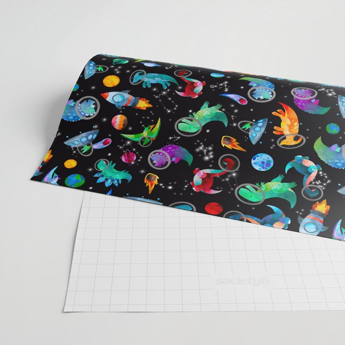 Dinosaur Astronauts In Space Watercolor Pattern Wrapping Paper Gallery Image 2