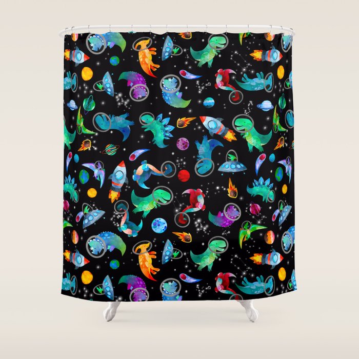 Dinosaur Astronauts In Space Watercolor Pattern Shower Curtain Gallery Image 1