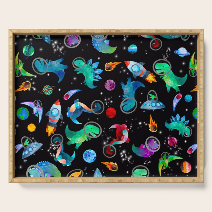 Dinosaur Astronauts In Space Watercolor Pattern Serving Tray Gallery Image 1