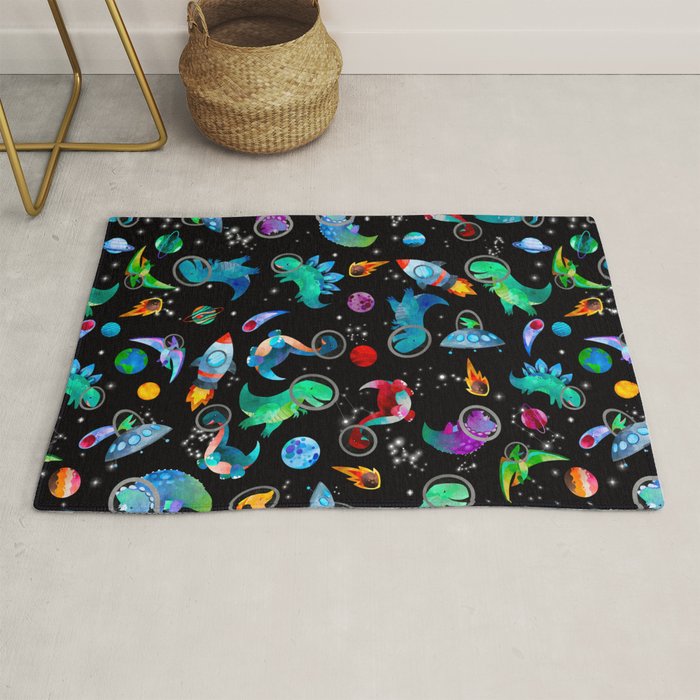 Dinosaur Astronauts In Space Watercolor Pattern Rug Gallery Image 1