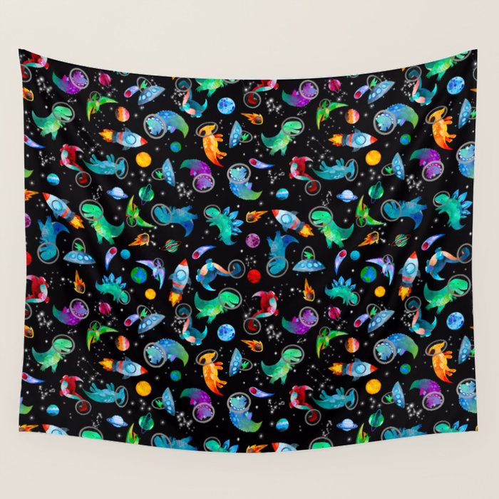 Dinosaur Astronauts In Space Watercolor Pattern Wall Tapestry Gallery Image 4