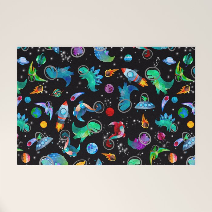 Dinosaur Astronauts In Space Watercolor Pattern Welcome Mat Gallery Image 1