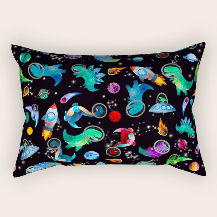 Dinosaur Astronauts In Space Watercolor Pattern Rectangular Pillow Gallery Image 2