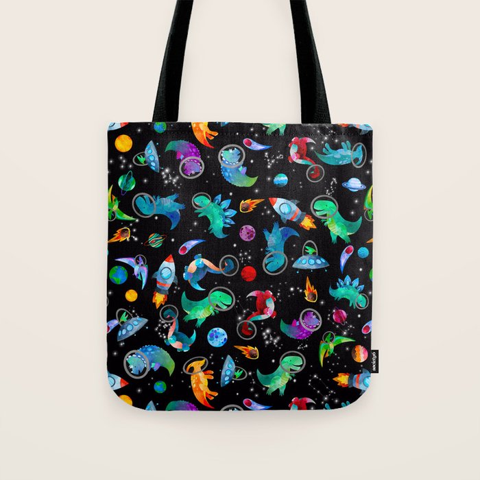 Dinosaur Astronauts In Space Watercolor Pattern Tote Bag Gallery Image 1
