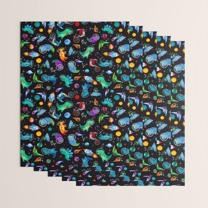 Dinosaur Astronauts In Space Watercolor Pattern Wrapping Paper Gallery Image 3