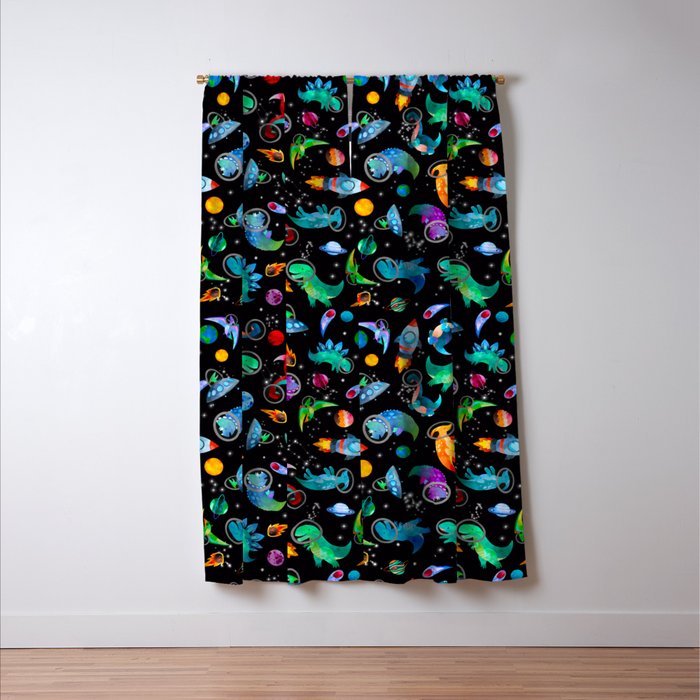 Dinosaur Astronauts In Space Watercolor Pattern Window Curtain Gallery Image 3