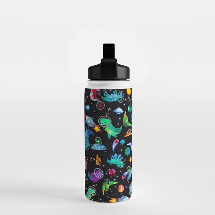 Dinosaur Astronauts In Space Watercolor Pattern Water Bottle Gallery Image 2