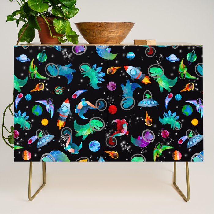 Dinosaur Astronauts In Space Watercolor Pattern Credenza Gallery Image 1