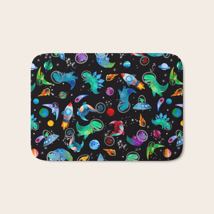 Dinosaur Astronauts In Space Watercolor Pattern Bath Mat Gallery Image 1
