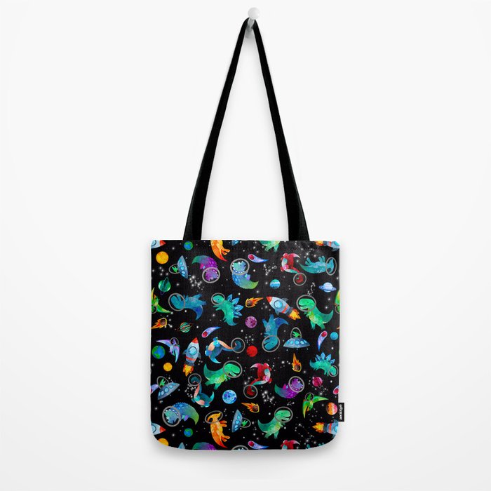 Dinosaur Astronauts In Space Watercolor Pattern Tote Bag Gallery Image 2