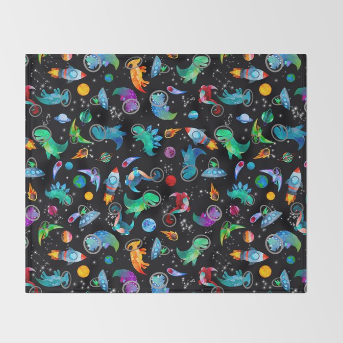 Dinosaur Astronauts In Space Watercolor Pattern Throw Blanket Gallery Image 2