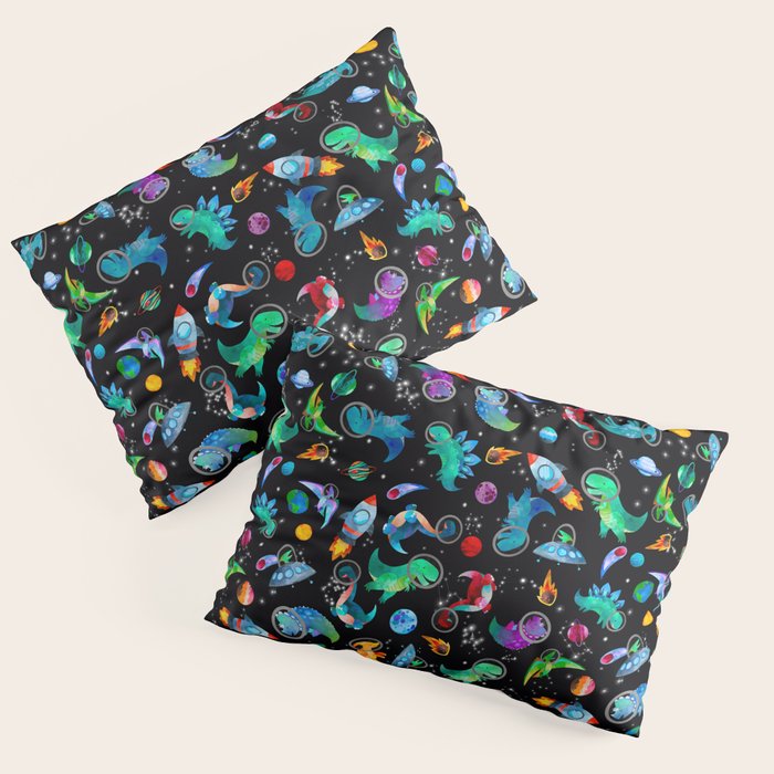 Dinosaur Astronauts In Space Watercolor Pattern Pillow Sham