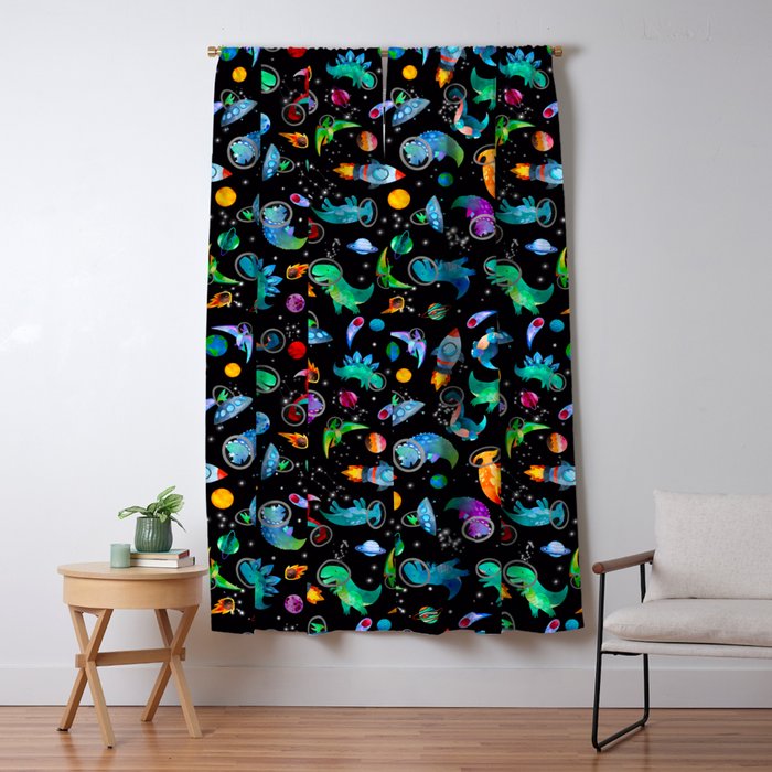 Dinosaur Astronauts In Space Watercolor Pattern Window Curtain Gallery Image 1