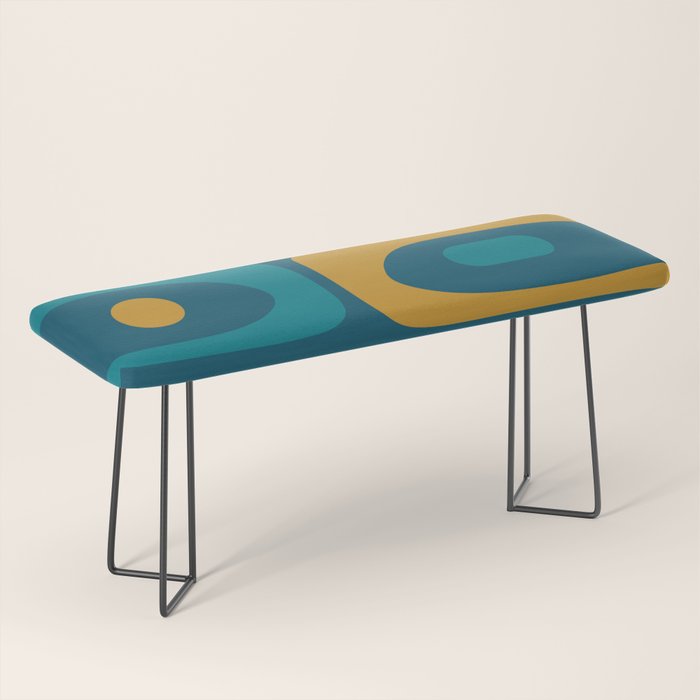 Mid Century Modern Minimalist Abstract Piquet Pattern in Moroccan Teal Blue and Mustard Gold Bench Gallery Image 1