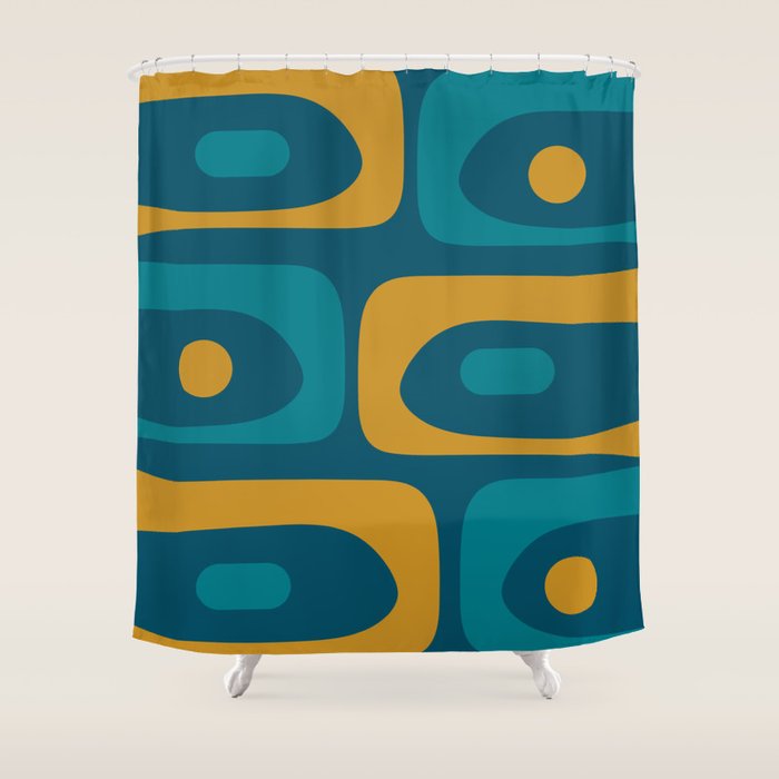 Mid Century Modern Minimalist Abstract Piquet Pattern in Moroccan Teal Blue and Mustard Gold Shower Curtain Gallery Image 1