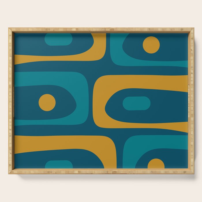 Mid Century Modern Minimalist Abstract Piquet Pattern in Moroccan Teal Blue and Mustard Gold Serving Tray Gallery Image 1