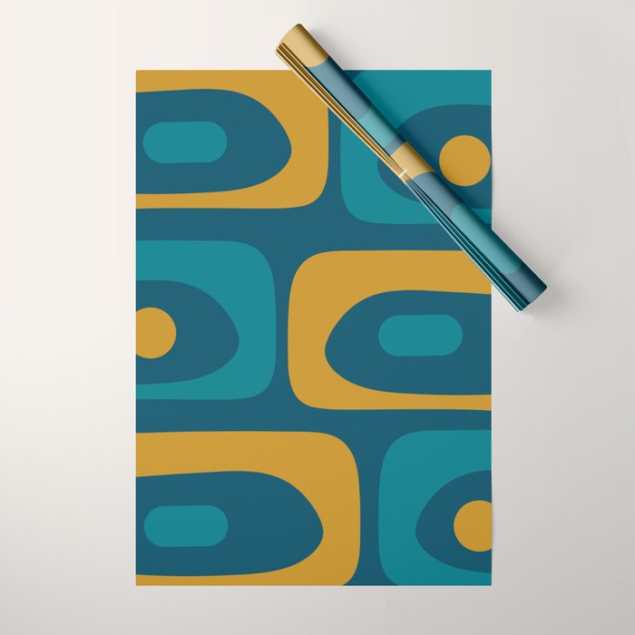 Mid Century Modern Minimalist Abstract Piquet Pattern in Moroccan Teal Blue and Mustard Gold Wrapping Paper Gallery Image 1