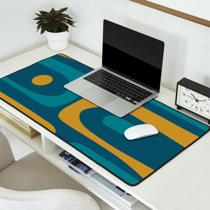 Mid Century Modern Minimalist Abstract Piquet Pattern in Moroccan Teal Blue and Mustard Gold Desk Mat Gallery Image 2